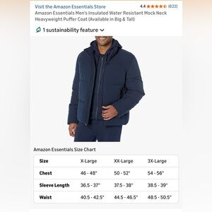 Amazon Essentials Men's Heavyweight Puffer Jacket  (XXL) NWT Dark Blue